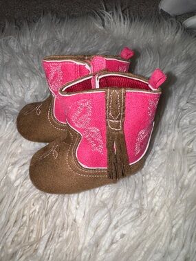Rising Star Pink and Brown Baby Western Booties with Fringe